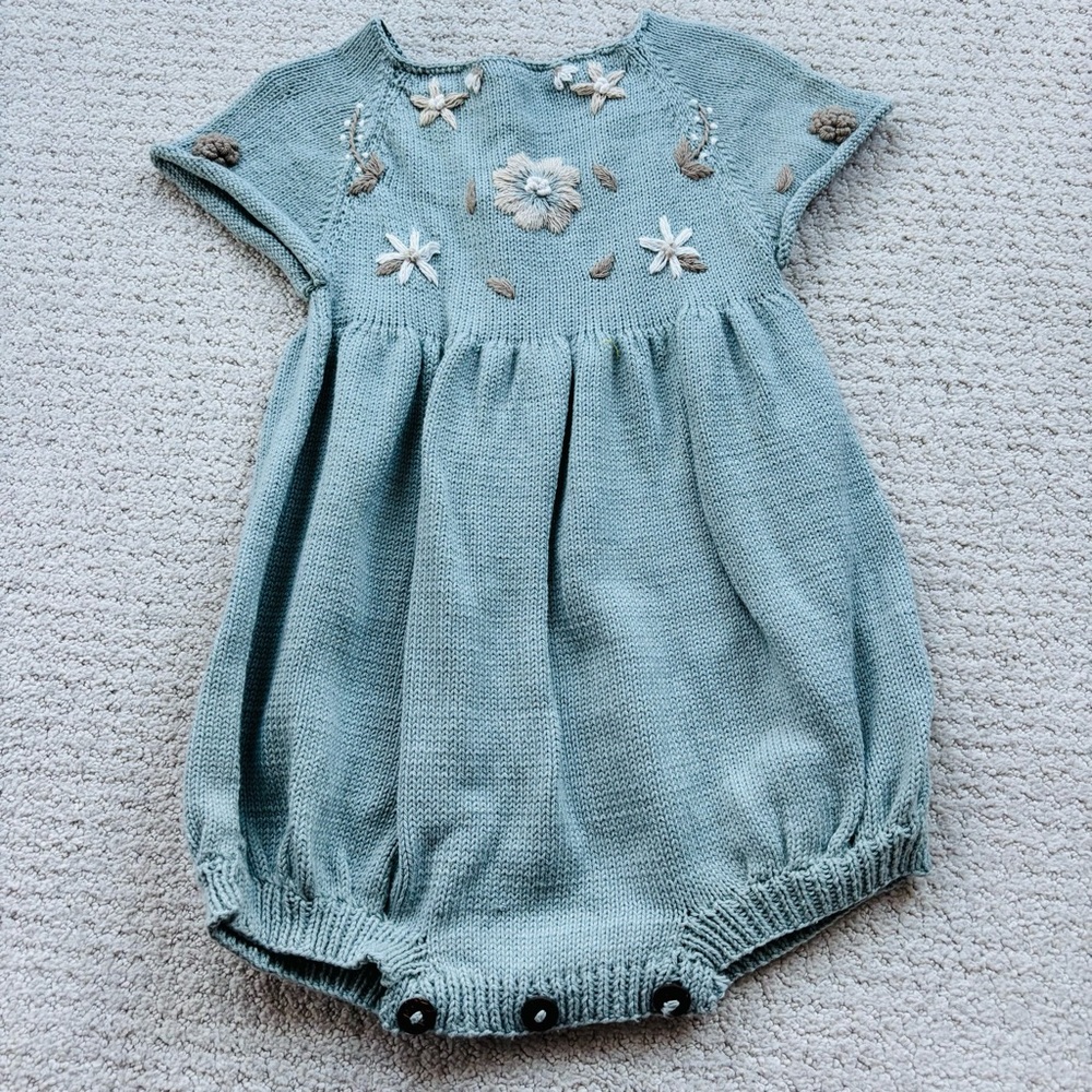 Shirley Bredal Embroidered Floral Baby Romper in Blue and Beige